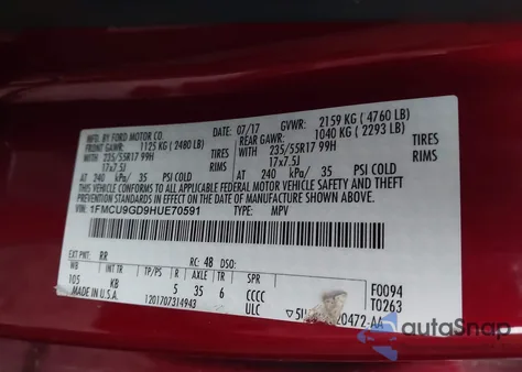 2017 Ford Escape Se z USA, uszkodzony, nr VIN 1FMCU9GD9HUE70591